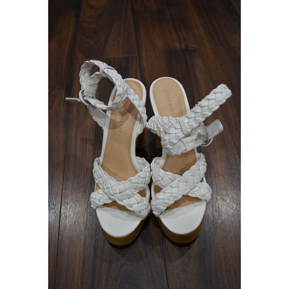 NWOB Veronica Beard Gael Leather Braided Ankle-Strap Platform White 7.5 MSRP 395